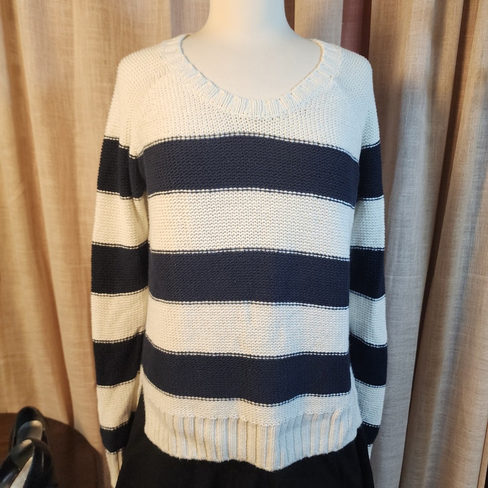 Abercrombie & Fitch L Navy Cream Striped Chunky Knit Sweater Nautical Preppy